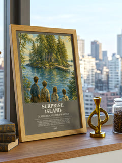 Surprise Island bookish print framed by window – literary home decor