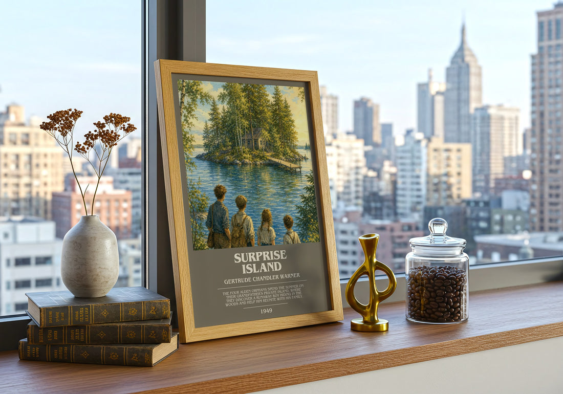 Surprise Island bookish print framed by window – literary home decor