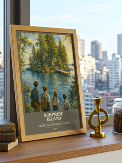 Surprise Island book cover print framed by window – literary home decor