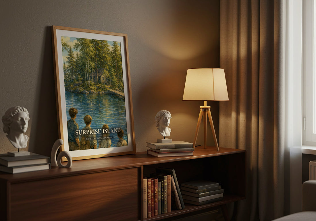 Surprise Island watercolour print on bookshelf – Gertrude Chandler Warner fan gift