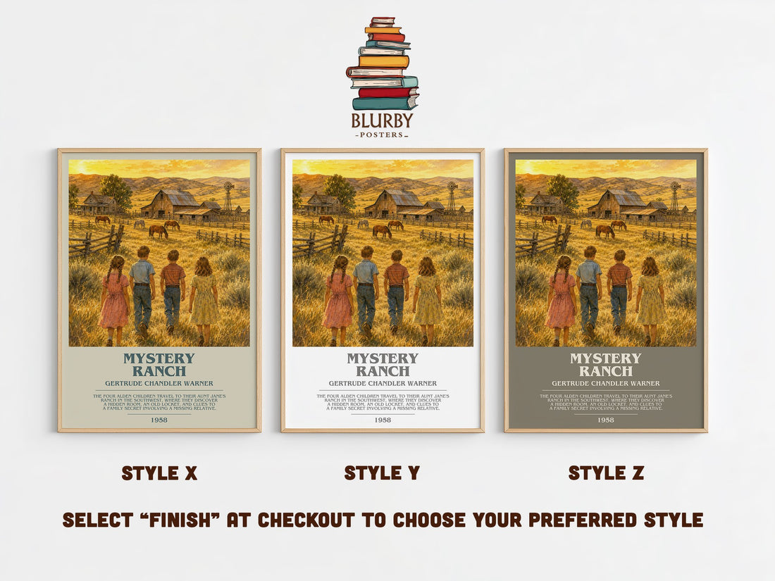 Mystery Ranch bookish print in frame leaning in hallway – childrens wall art (mockup)