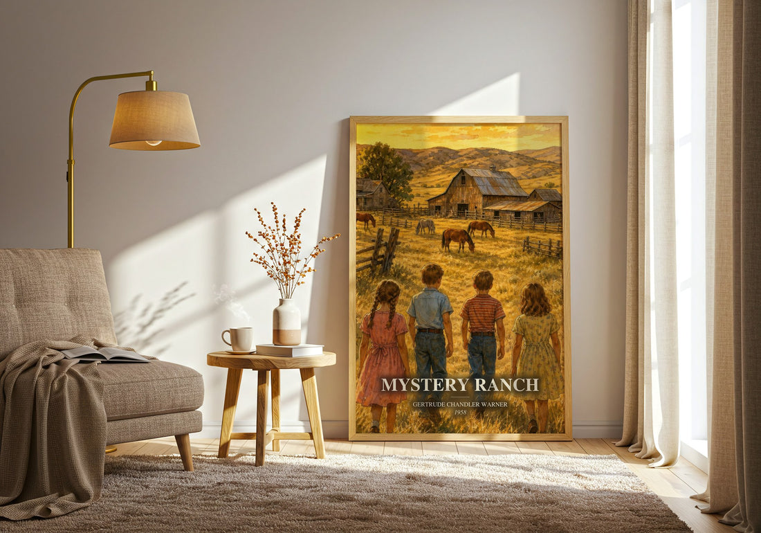 Mystery Ranch watercolour print in frame leaning in hallway – childrens wall art