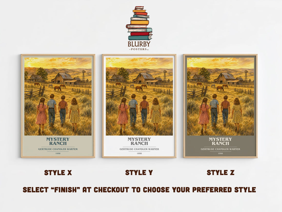 Mystery Ranch book cover print in frame leaning in hallway – childrens wall art (mockup)