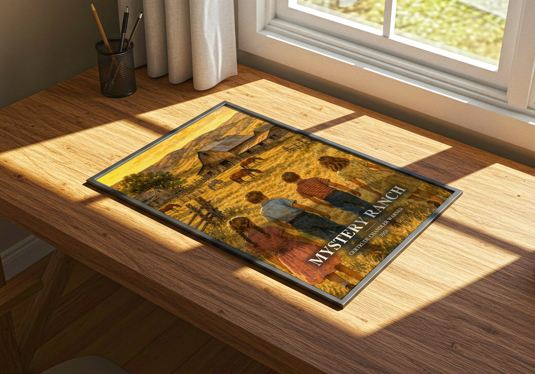 Mystery Ranch watercolour book poster framed on wall – childrens wall art