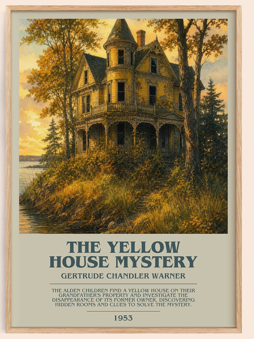 The Yellow House Mystery bookish book poster by Gertrude Chandler Warner – framed literary art print