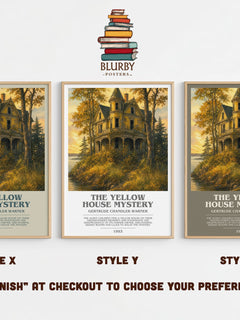 The Yellow House Mystery bookish print in frame leaning in hallway – childrens wall art