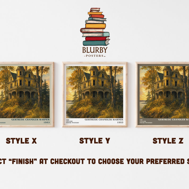 The Yellow House Mystery literary print in frame leaning in hallway – childrens wall art