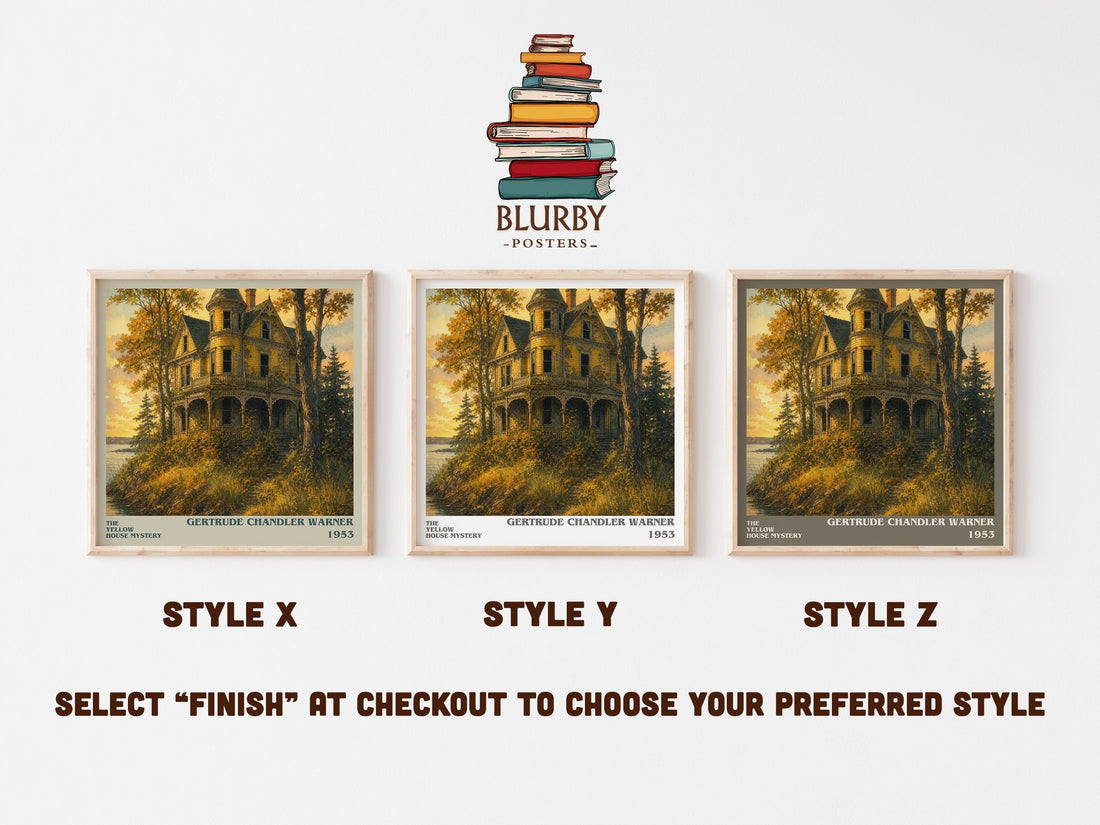 The Yellow House Mystery literary print in frame leaning in hallway – childrens wall art (mockup)