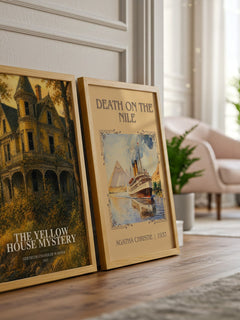 The Yellow House Mystery watercolour print framed by window – literary home decor
