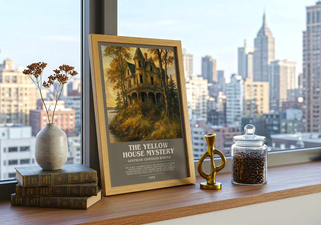 The Yellow House Mystery bookish print framed by window – literary home decor