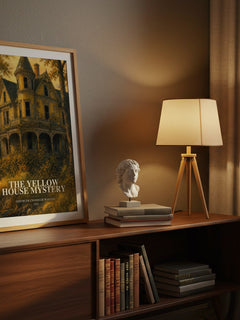 The Yellow House Mystery watercolour print on bookshelf – Gertrude Chandler Warner fan gift