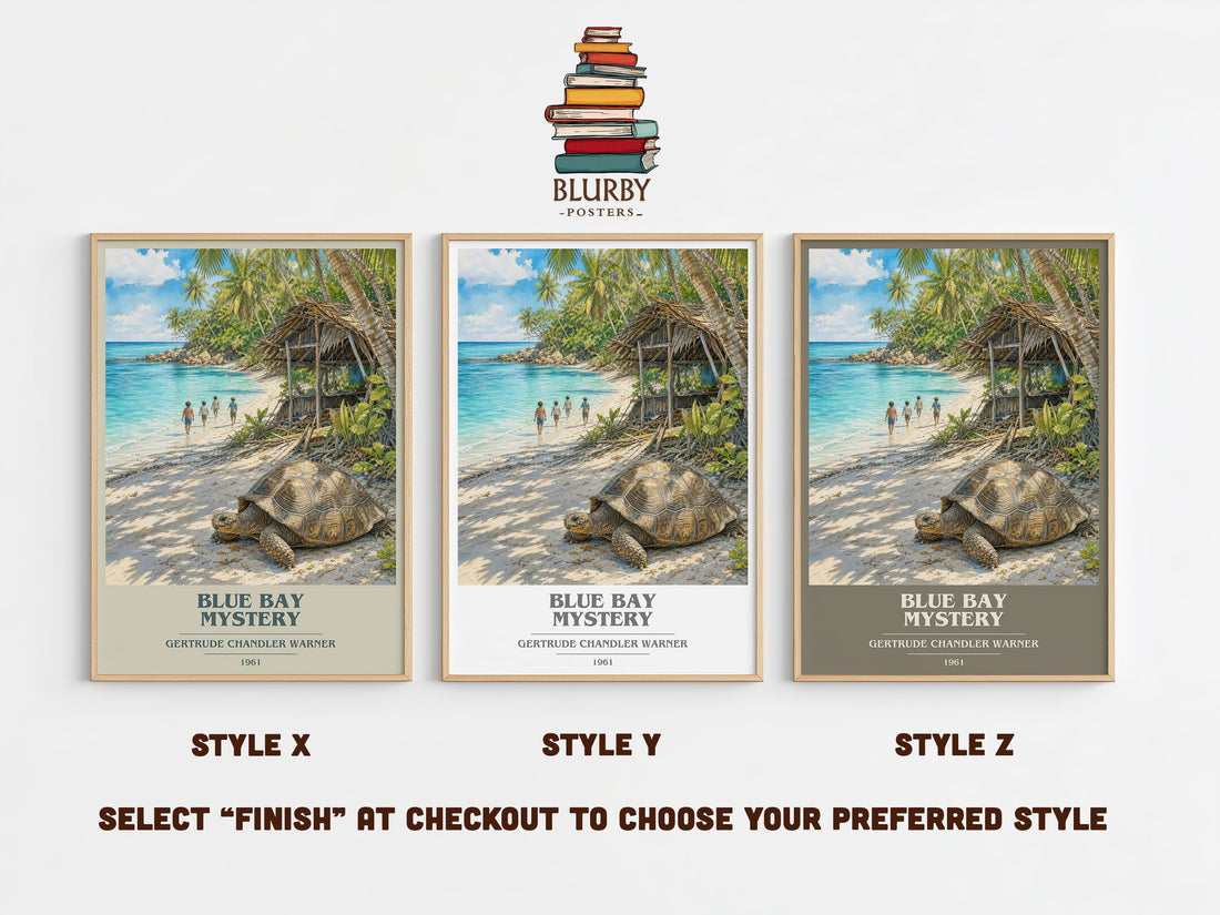 Blue Bay Mystery book cover print in frame leaning in hallway – childrens wall art (mockup)