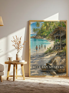 Blue Bay Mystery watercolour print in frame leaning in hallway – childrens wall art
