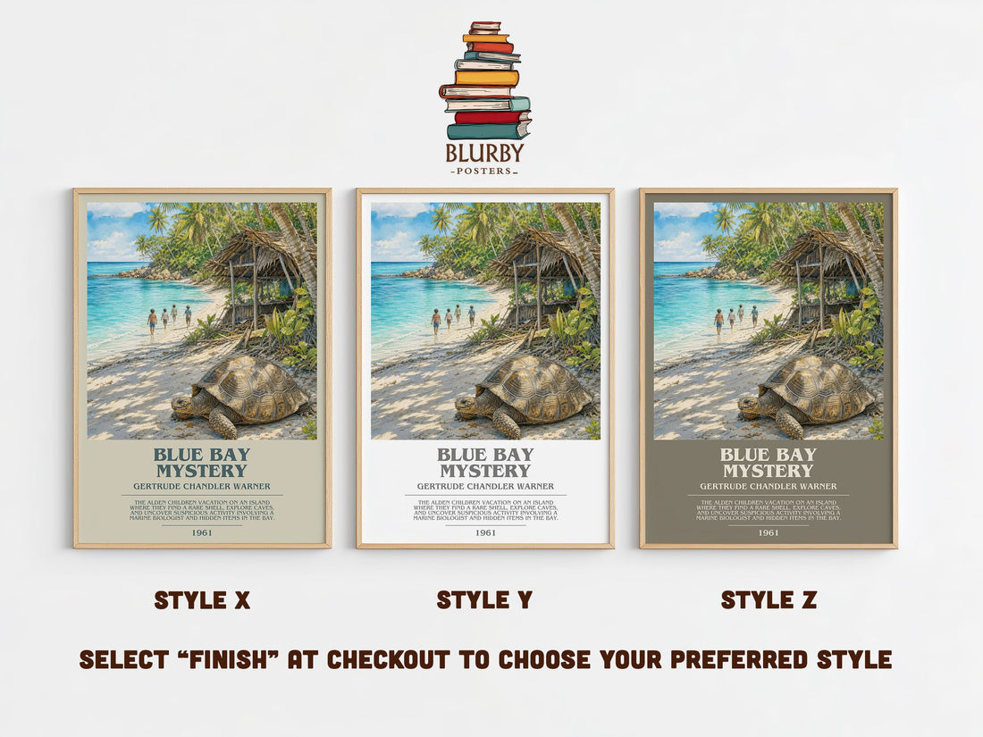 Blue Bay Mystery bookish print in frame leaning in hallway – childrens wall art (mockup)