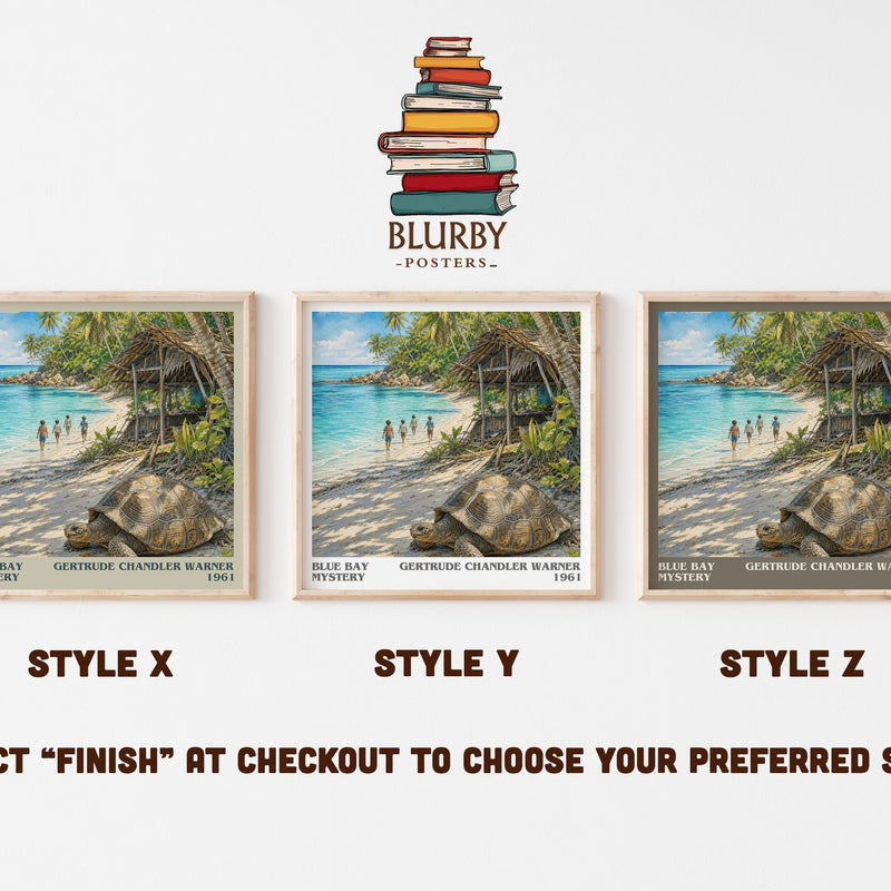 Blue Bay Mystery literary print in frame leaning in hallway – childrens wall art