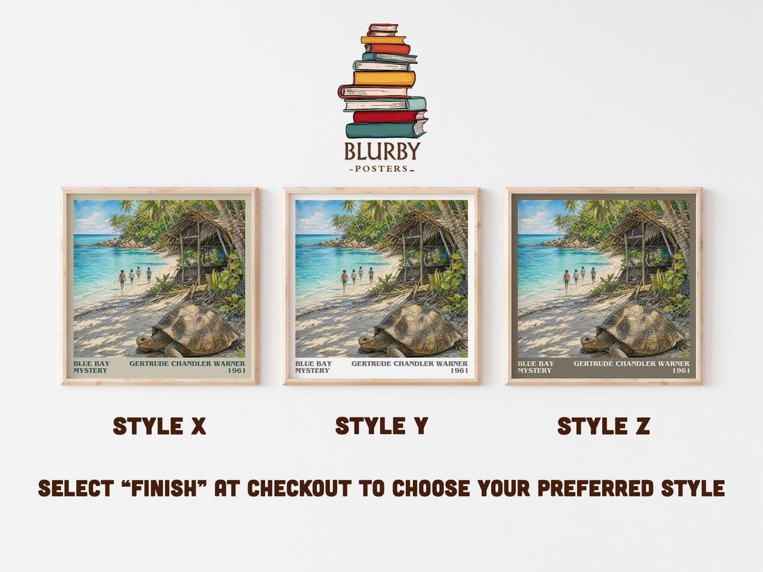 Blue Bay Mystery literary print in frame leaning in hallway – childrens wall art (mockup)