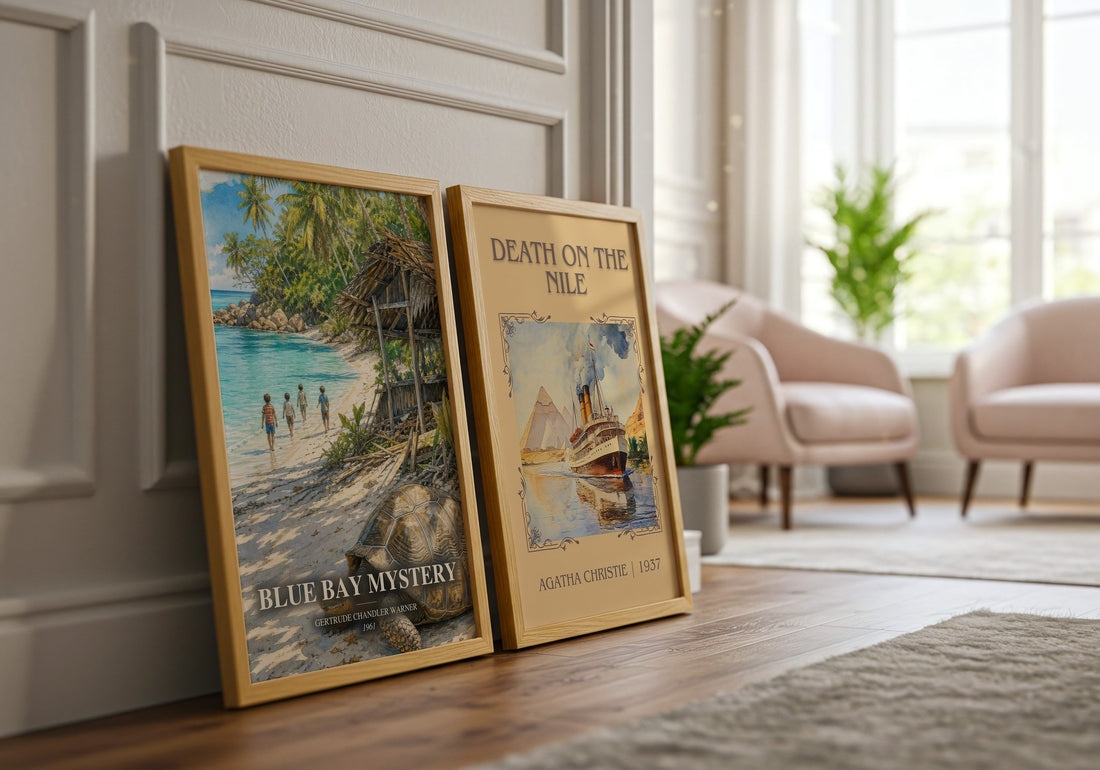 Blue Bay Mystery watercolour print framed by window – literary home decor