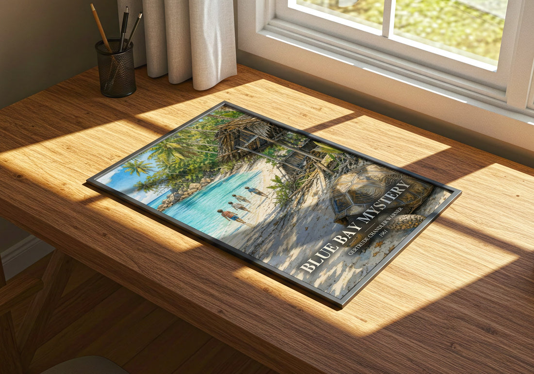 Blue Bay Mystery watercolour book poster framed on wall – childrens wall art