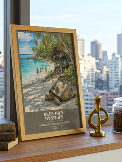 Blue Bay Mystery book cover print framed by window – literary home decor