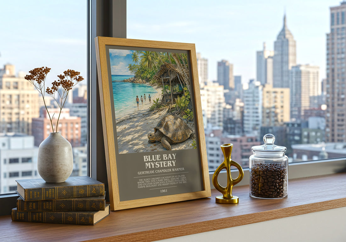 Blue Bay Mystery bookish print framed by window – literary home decor