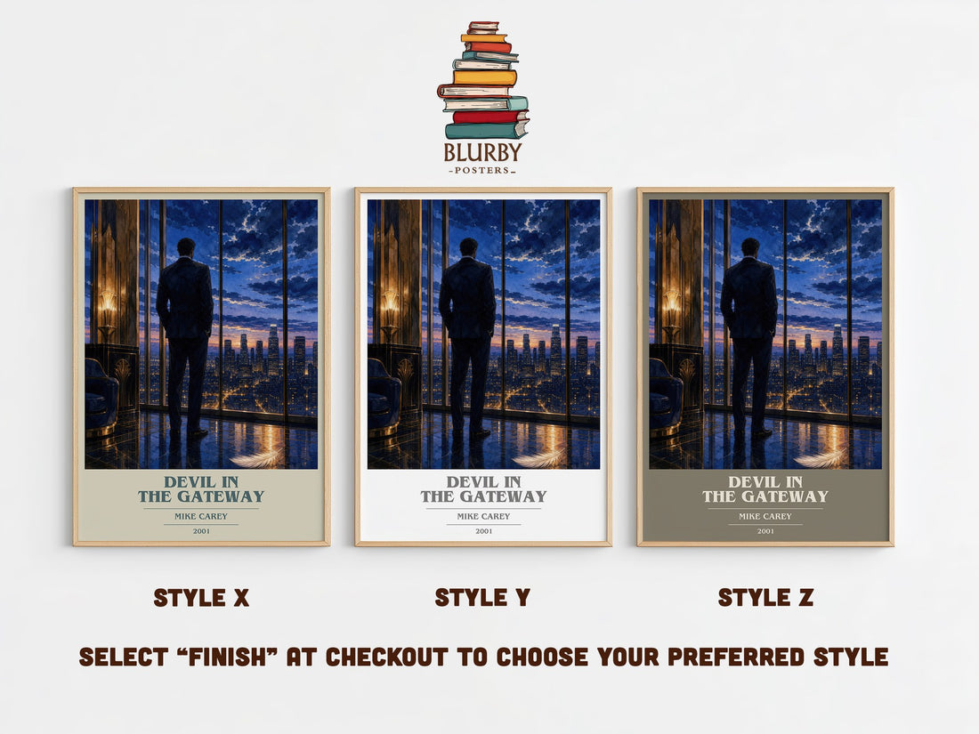 Devil in the Gateway book cover print in frame leaning in hallway – horror wall art (mockup)