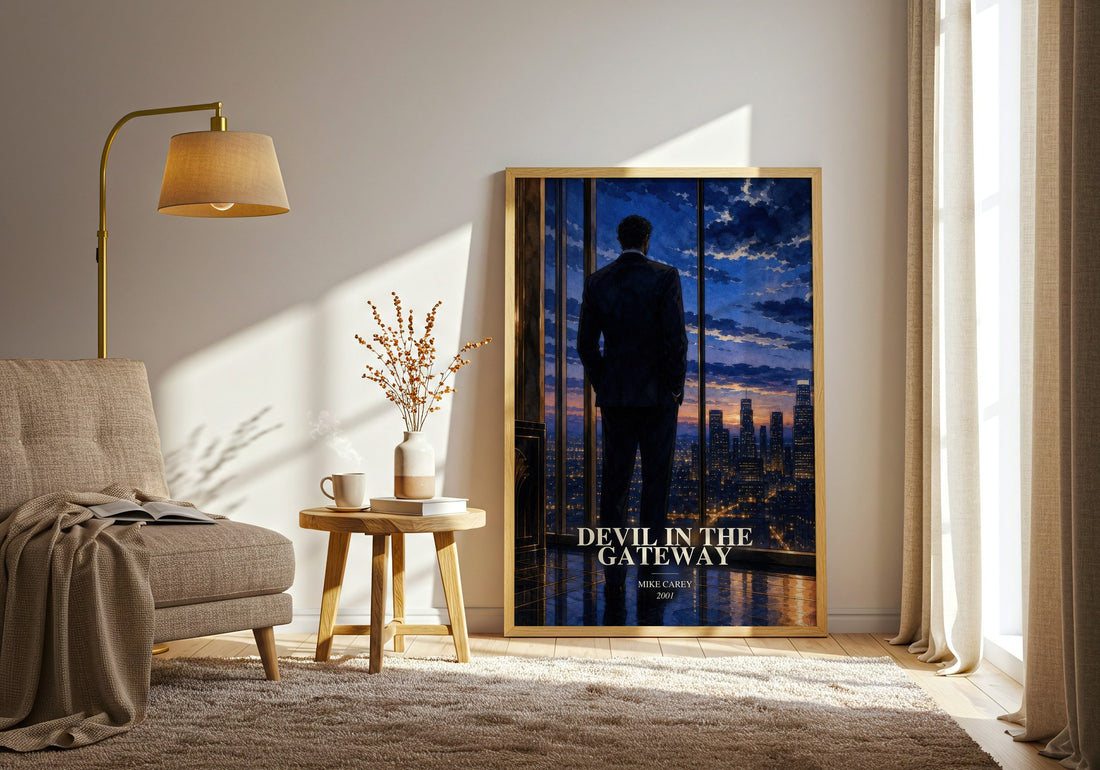 Devil in the Gateway watercolour print in frame leaning in hallway – horror wall art