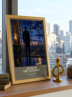 Devil in the Gateway Book Cover Poster by Mike Carey – framed print on a city-view windowsill