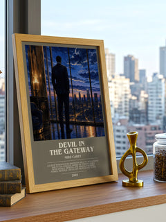 Devil in the Gateway Bookish Wall Art by Mike Carey – framed print on a city-view windowsill