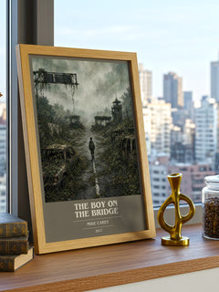 The boy on the bridge book cover print framed by window – literary home decor