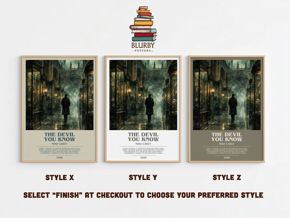 The Devil You Know bookish print in frame leaning in hallway – fantasy wall art (mockup)