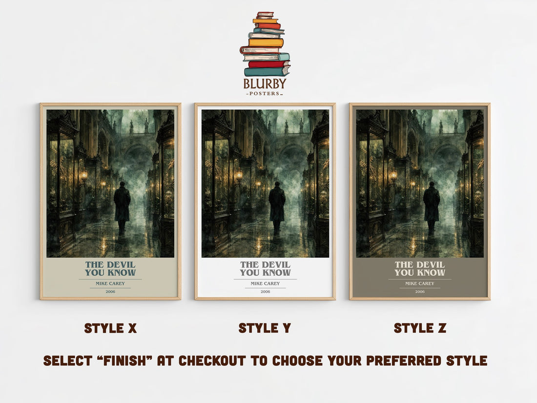 The Devil You Know book cover print in frame leaning in hallway – fantasy wall art (mockup)