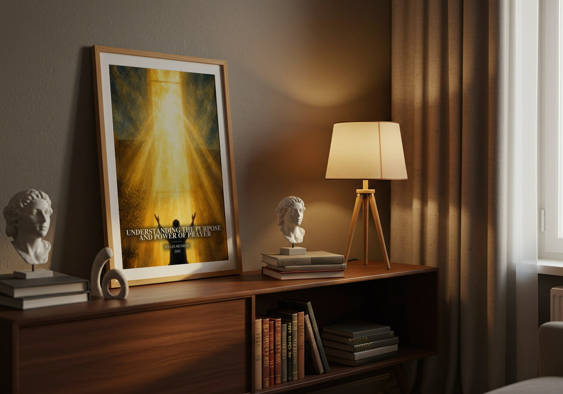 Understanding the Purpose and Power of Prayer watercolour print on bookshelf – Myles Munroe fan gift