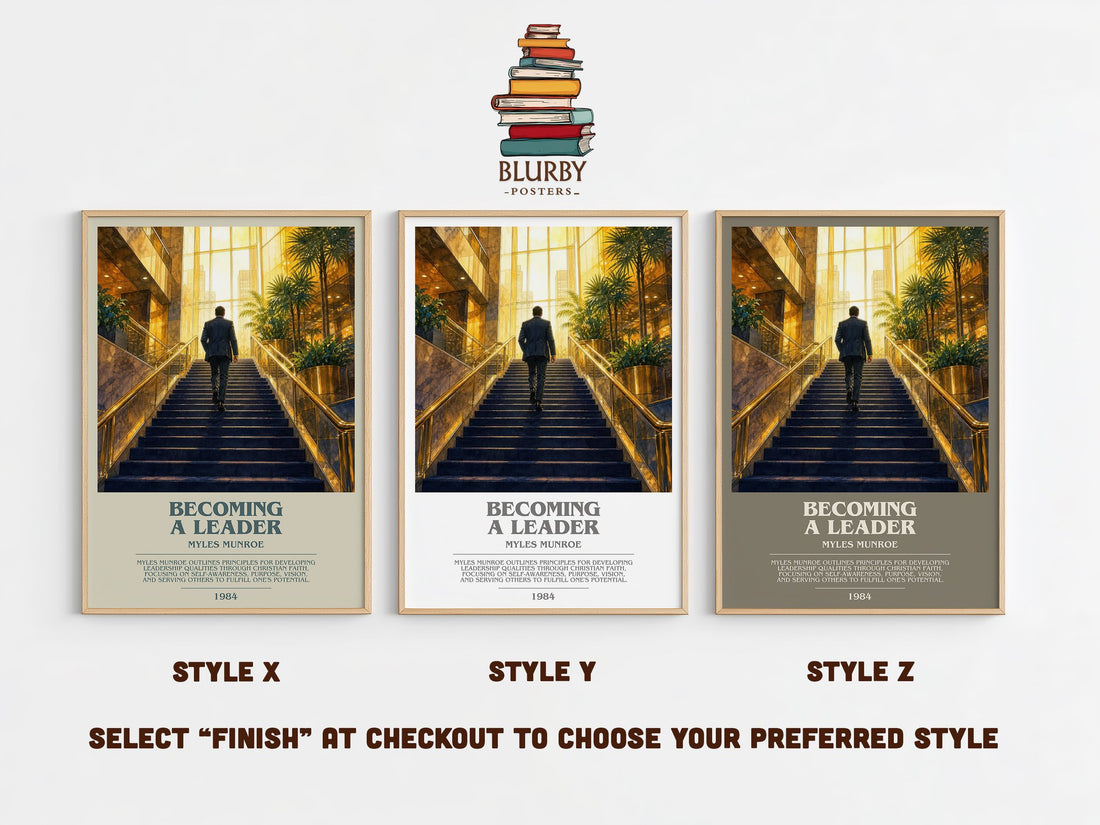 Becoming a leader bookish print in frame leaning in hallway – non fiction wall art (mockup)