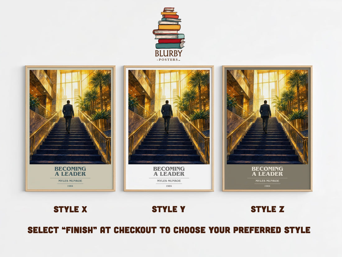 Becoming a leader book cover print in frame leaning in hallway – non fiction wall art (mockup)