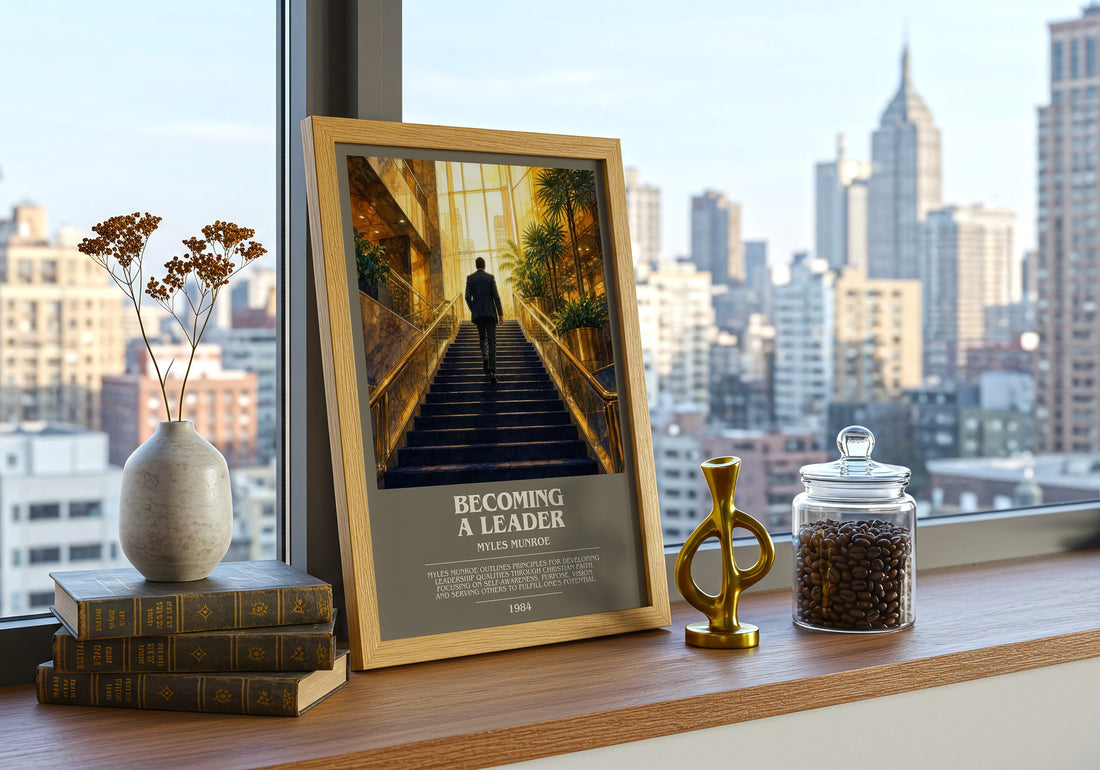 Becoming a leader bookish print framed by window – literary home decor