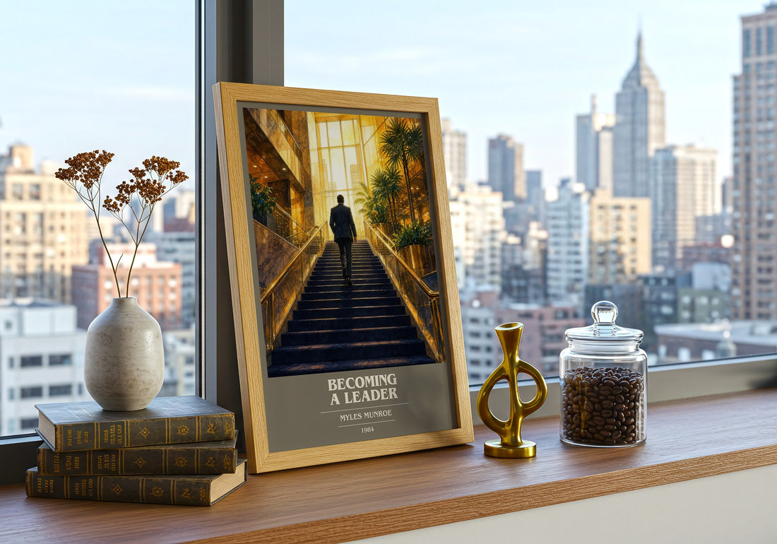 Becoming a leader book cover print framed by window – literary home decor