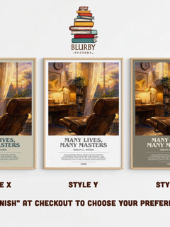 Many Lives, Many Masters bookish print in frame leaning in hallway – memoir wall art