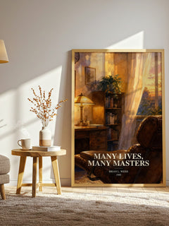 Many Lives, Many Masters watercolour print in frame leaning in hallway – memoir wall art