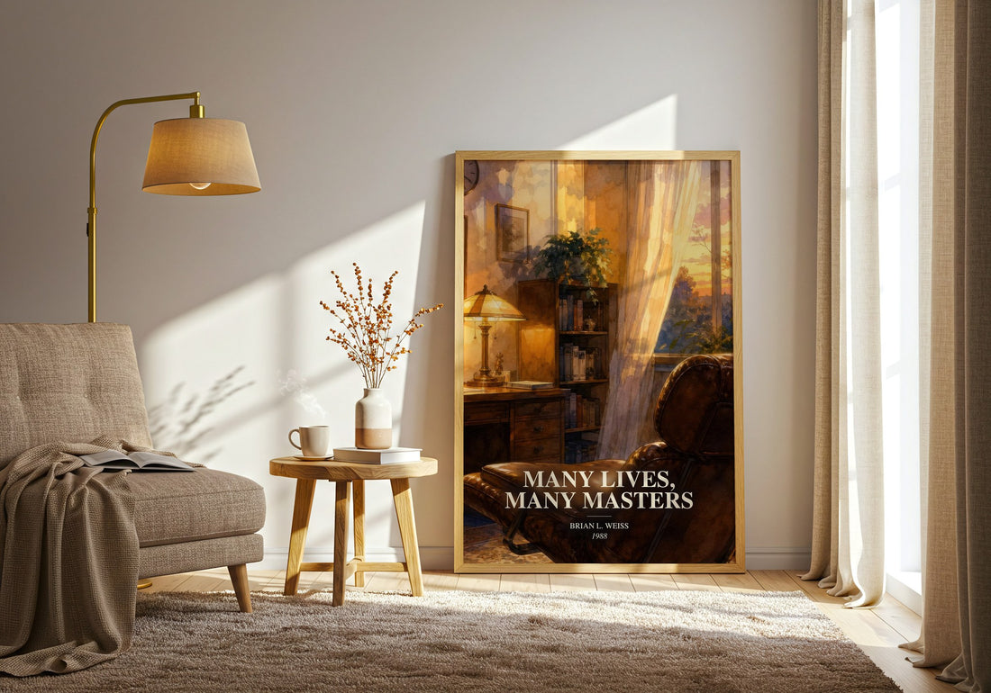Many Lives, Many Masters watercolour print in frame leaning in hallway – memoir wall art