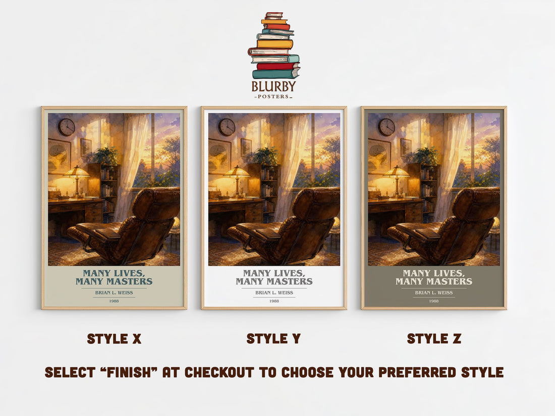 Many Lives, Many Masters book cover print in frame leaning in hallway – memoir wall art (mockup)