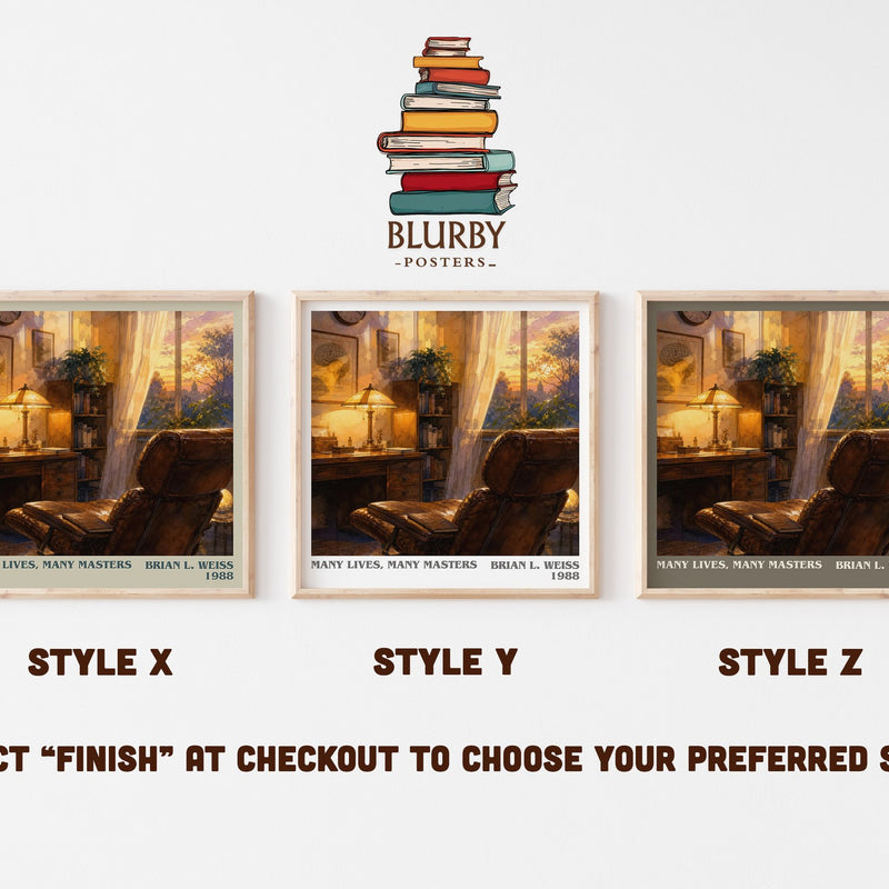 Many Lives, Many Masters literary print in frame leaning in hallway – memoir wall art