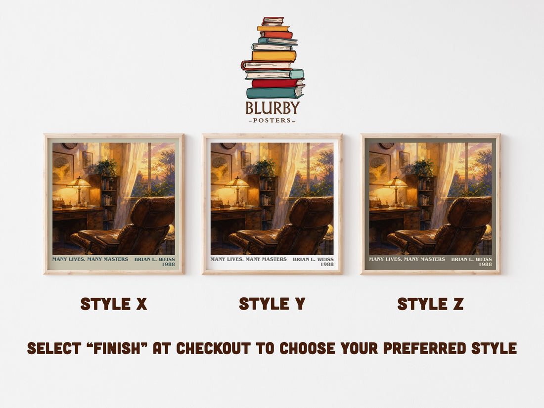Many Lives, Many Masters literary print in frame leaning in hallway – memoir wall art (mockup)
