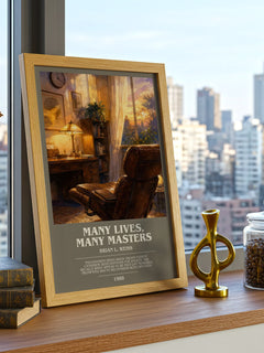 Many Lives, Many Masters bookish print framed by window – literary home decor