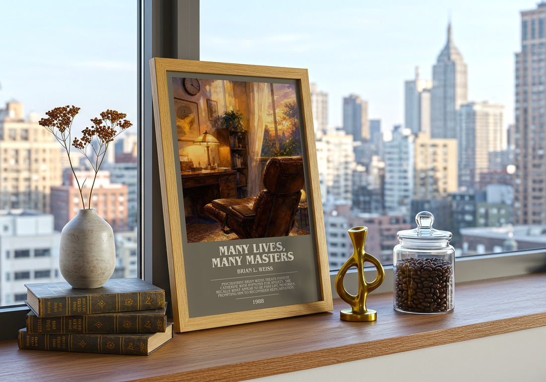 Many Lives, Many Masters bookish print framed by window – literary home decor
