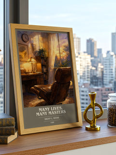 Many Lives, Many Masters book cover print framed by window – literary home decor