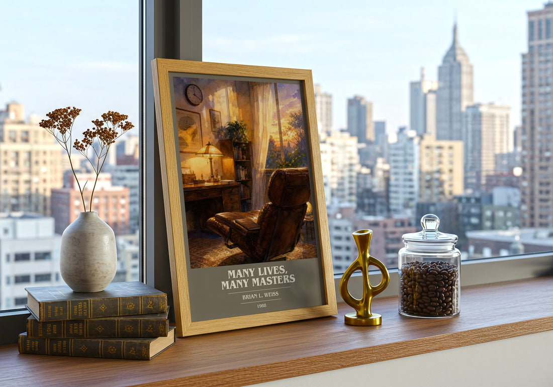 Many Lives, Many Masters book cover print framed by window – literary home decor