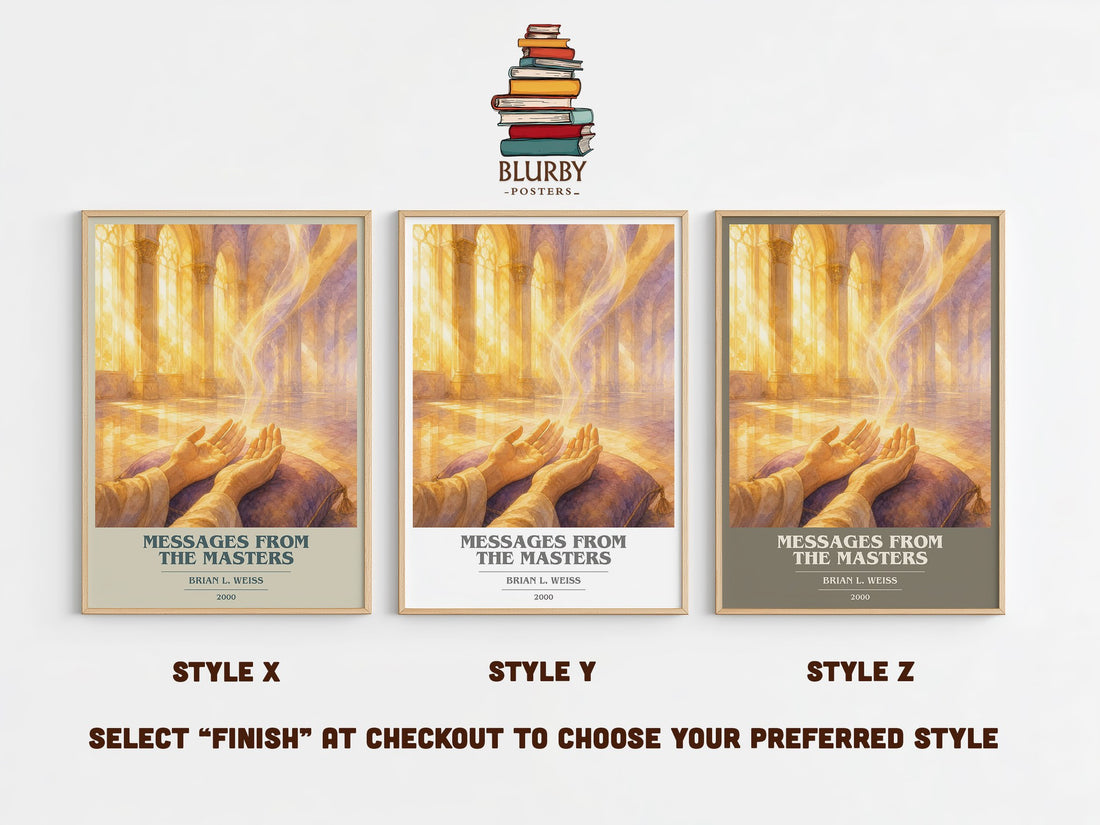 Messages from the masters book cover print in frame leaning in hallway – non fiction wall art (mockup)
