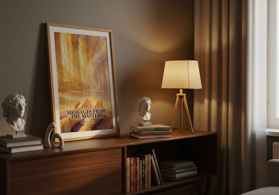 Messages from the masters watercolour print on bookshelf – Brian L. Weiss fan gift