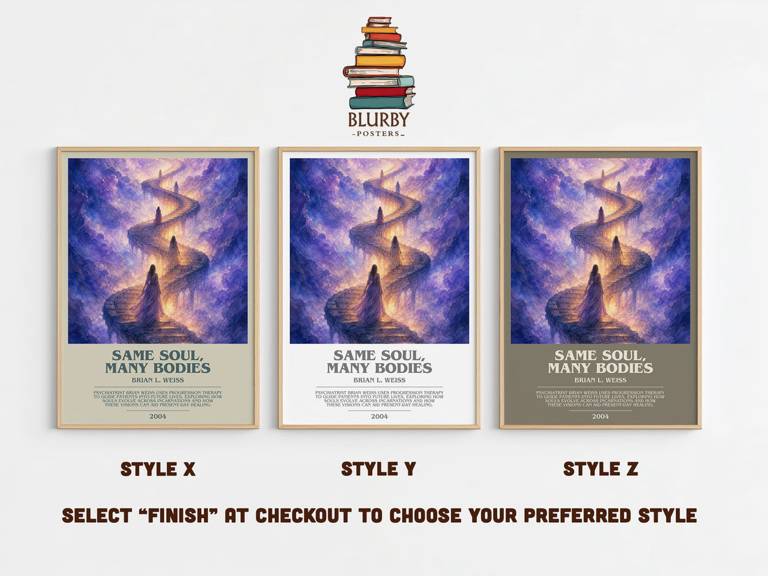 Same Soul, Many Bodies bookish print in frame leaning in hallway – non fiction wall art (mockup)