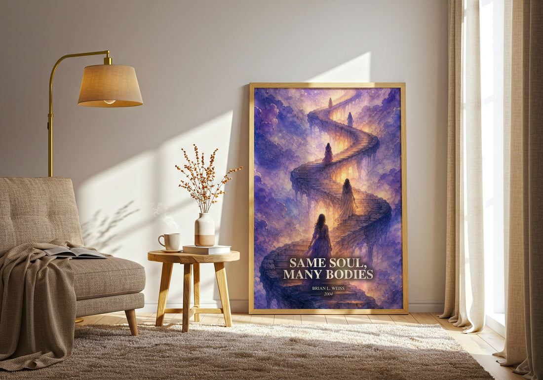 Same Soul, Many Bodies watercolour print in frame leaning in hallway – non fiction wall art